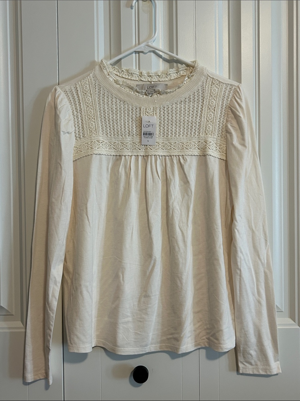 LOFT Cream Long-Sleeve Crochet Yoke Blouse